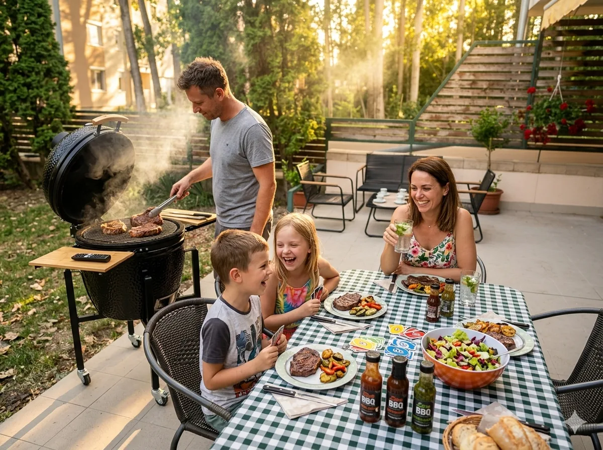 Családi vacsora a teraszon kamado grillel — Apa Kamado Zóna Cserkeszőlő