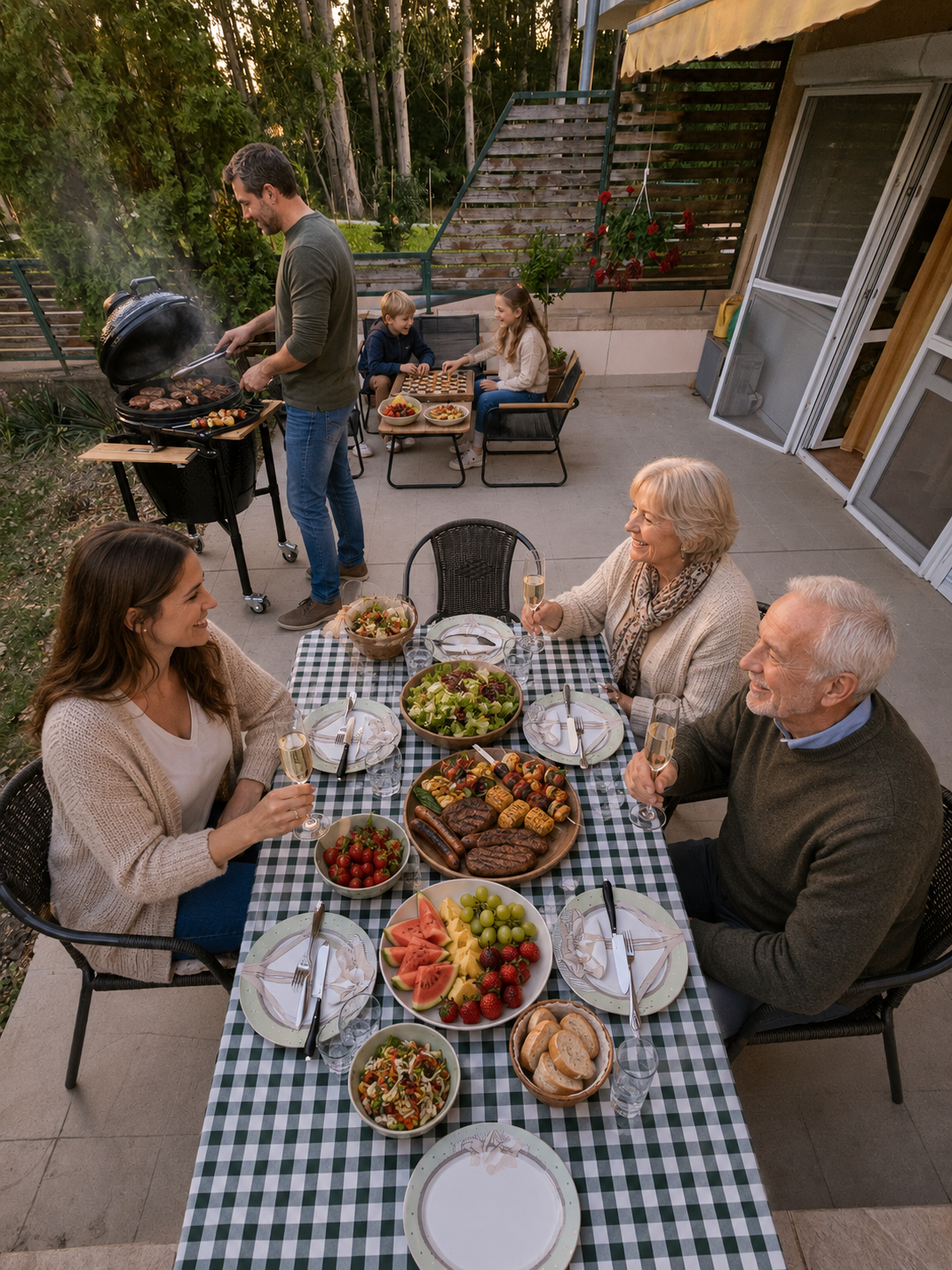 Több generációs családi grillezés a teraszon kamado grillel és pezsgővel