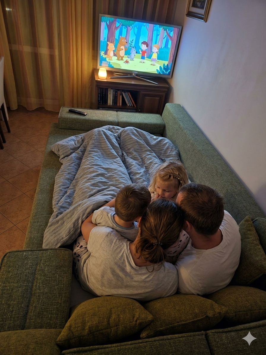 Család összebújva a kanapén esti meseidőben