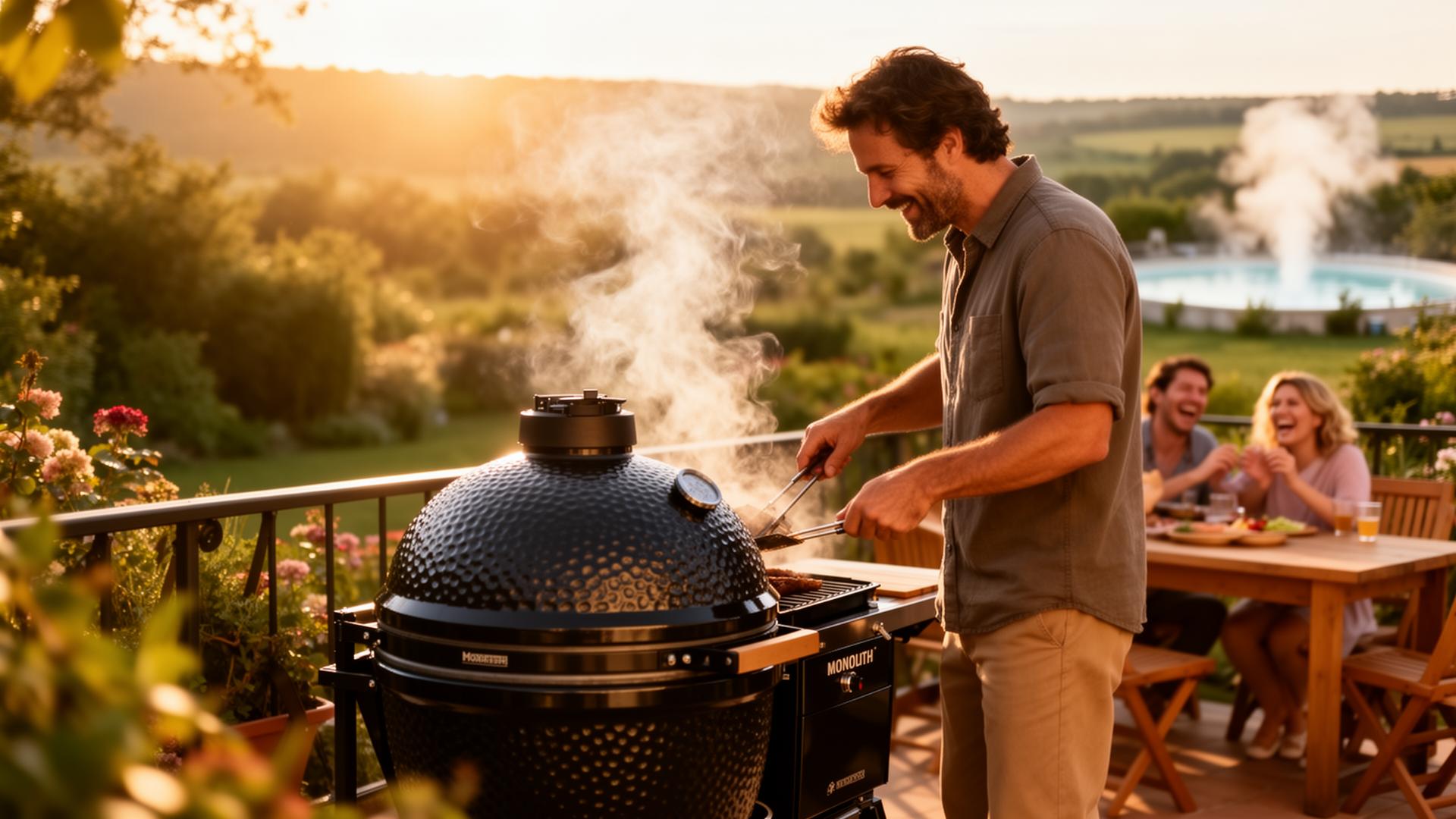 Apa főz a kamado grillen, család a háttérben